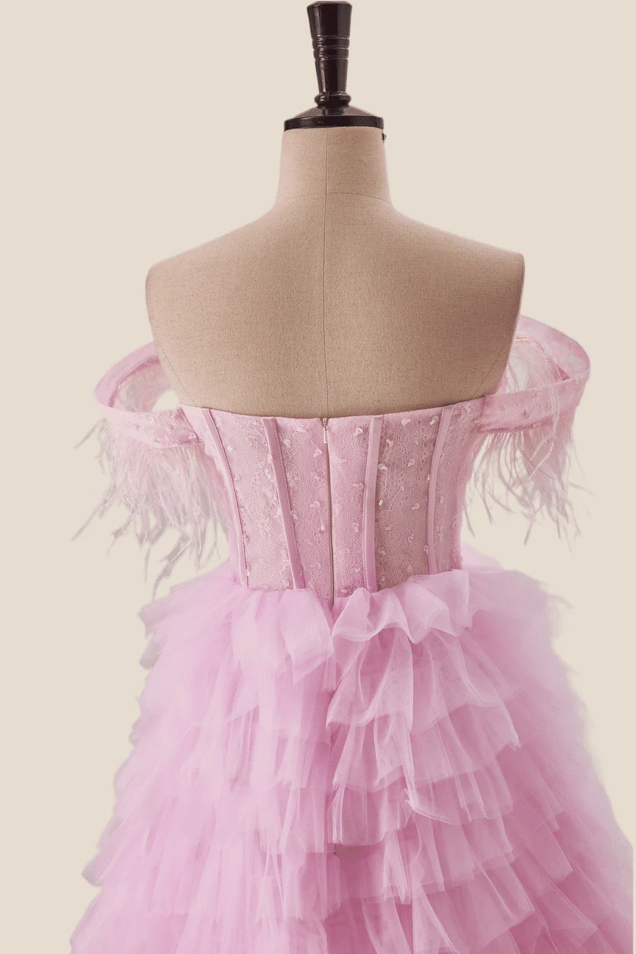 Off the Shoulder Pink Corset Tiered Ruffle Formal Prom Gown