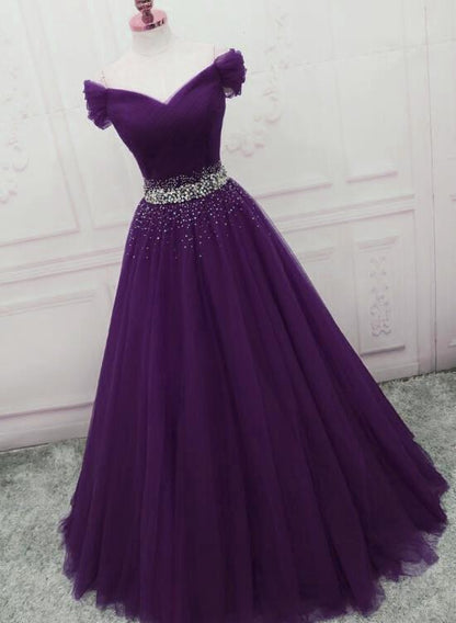 A Line Off the Shoulder Tulle Purple Prom Dresses with Beaded