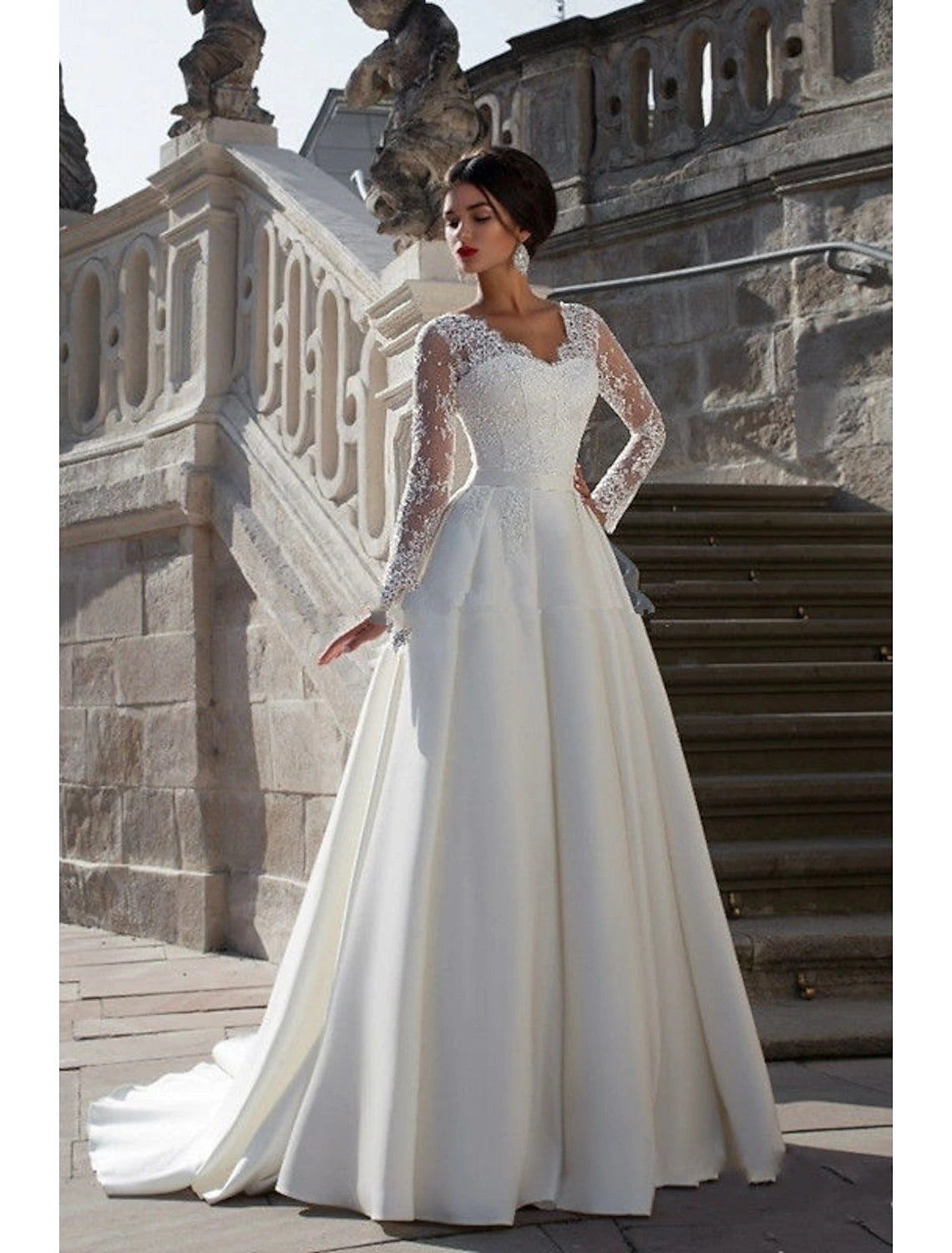 Engagement Formal Fall Wedding Dresses A-Line V Neck Long Sleeve Court Train Satin Bridal Gowns With Appliques  Summer Wedding Party