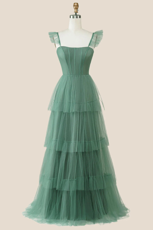 Sage Green Tulle Tiered A-line Long Bridesmaid Dress