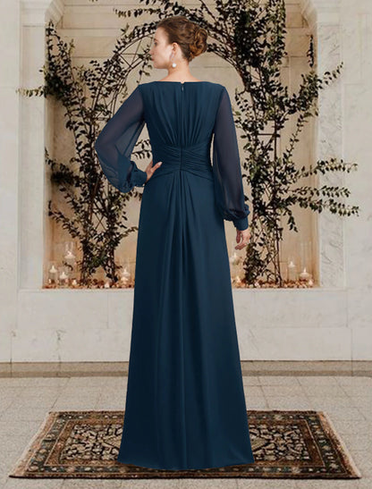 A-Line Mother of the Bride Dress Plus Size Elegant V Neck Floor Length Chiffon Long Sleeve with Ruched Ruffles Side-Draped