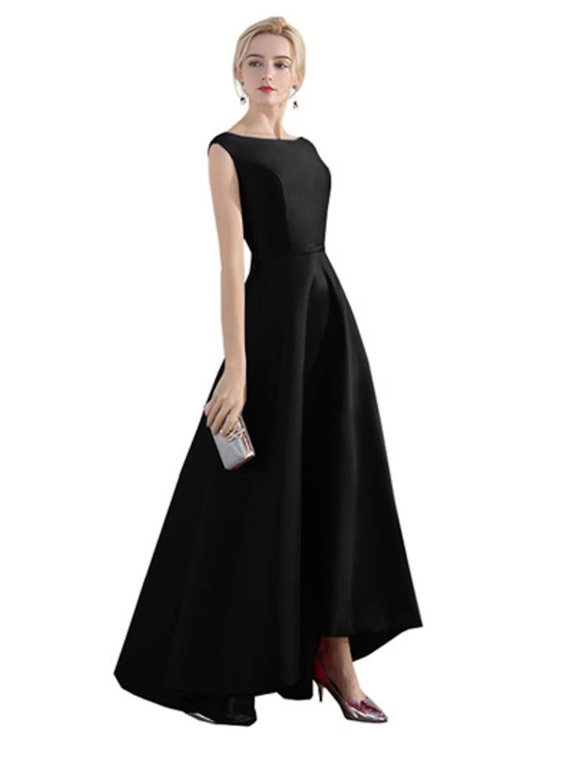 A-Line Evening Gown Elegant Minimalist Dress Party Wear Wedding Guest Asymmetrical Sleeveless Jewel Neck Satin with Sleek