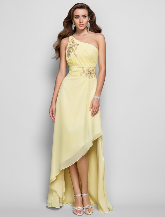 Sheath / Column Elegant Dress Wedding Guest Asymmetrical Sleeveless One Shoulder Chiffon with Beading Slit Appliques