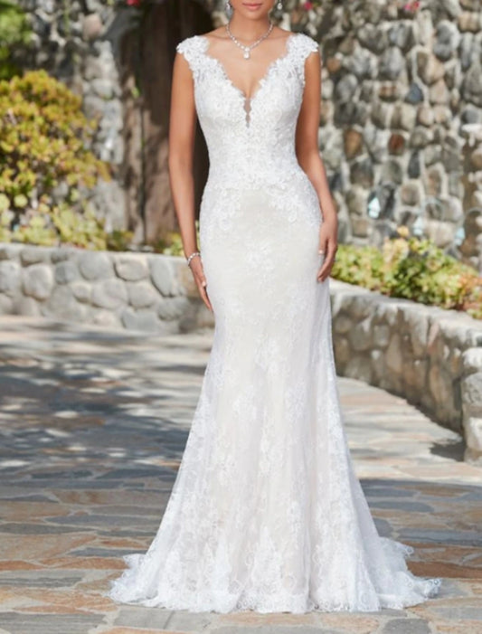 Sexy Formal Wedding Dresses Mermaid / Trumpet V Neck Cap Sleeve Court Train Lace Bridal Gowns With Appliques