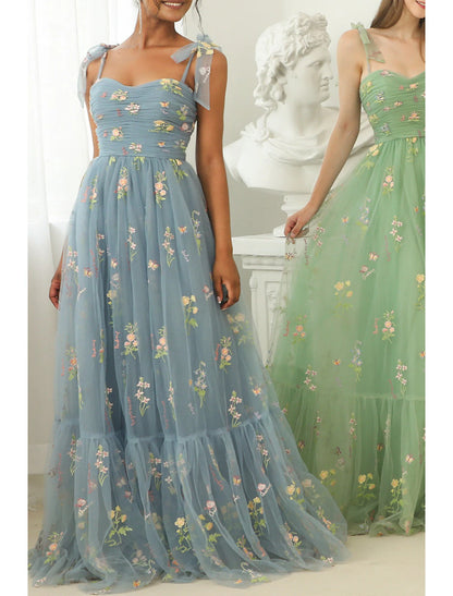 A-Line Prom Dresses Floral Dress Formal Floor Length Sleeveless Sweetheart Lace Backless with Pleats Ruched