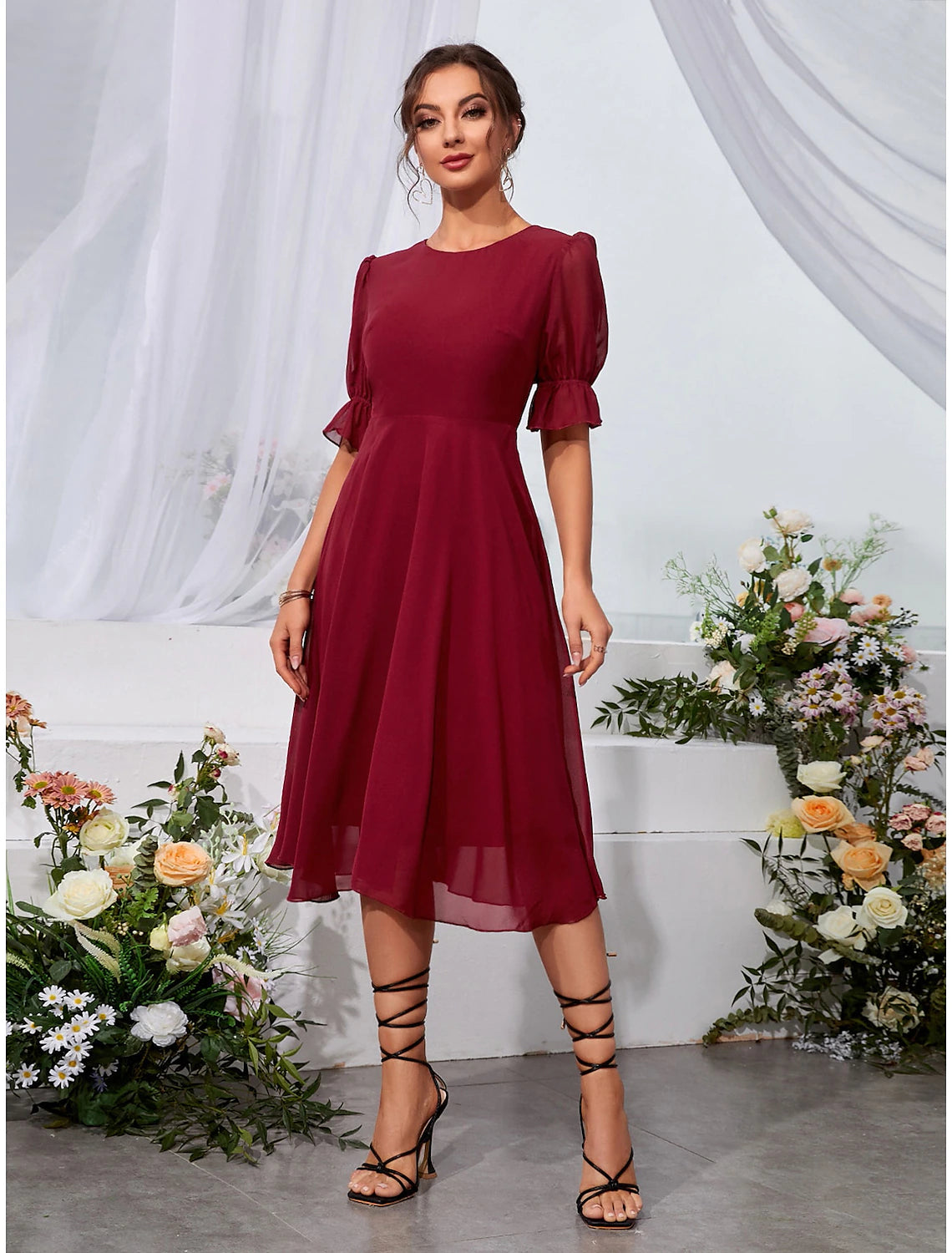 A-Line Wedding Guest Dresses Elegant Dress Holiday Tea Length Half Sleeve Jewel Neck Chiffon with Fringe