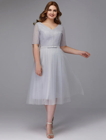 A-Line Elegant Dress Wedding Guest Cocktail Party Tea Length Short Sleeve V Neck Lace Lace-up with Sash / Ribbon