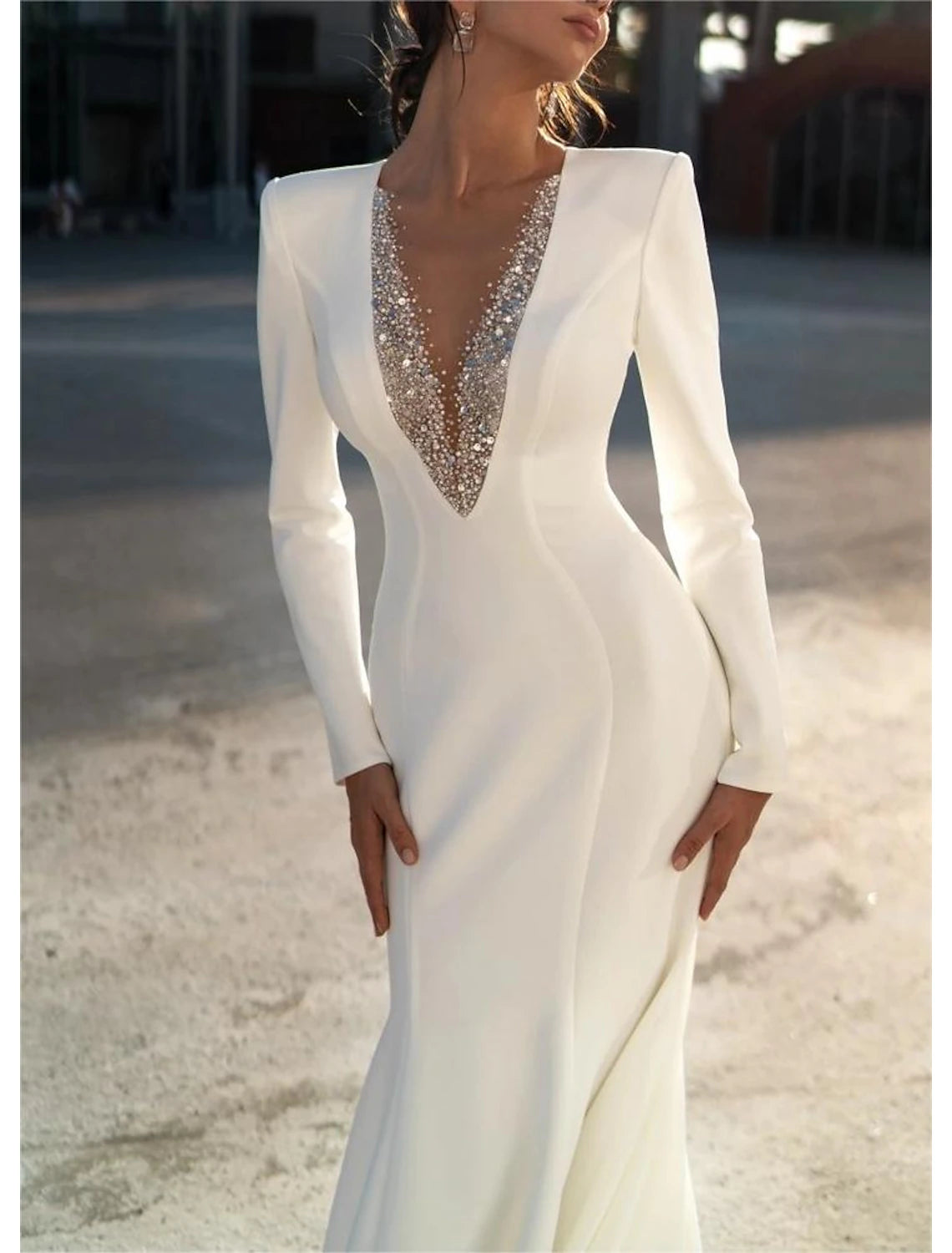 Elegant Mermaid Evening Dress for Women V Neck Long Sleeve Sweep Train Side Slit Pleated Wedding Party Formal Dress Y4957 main image 1