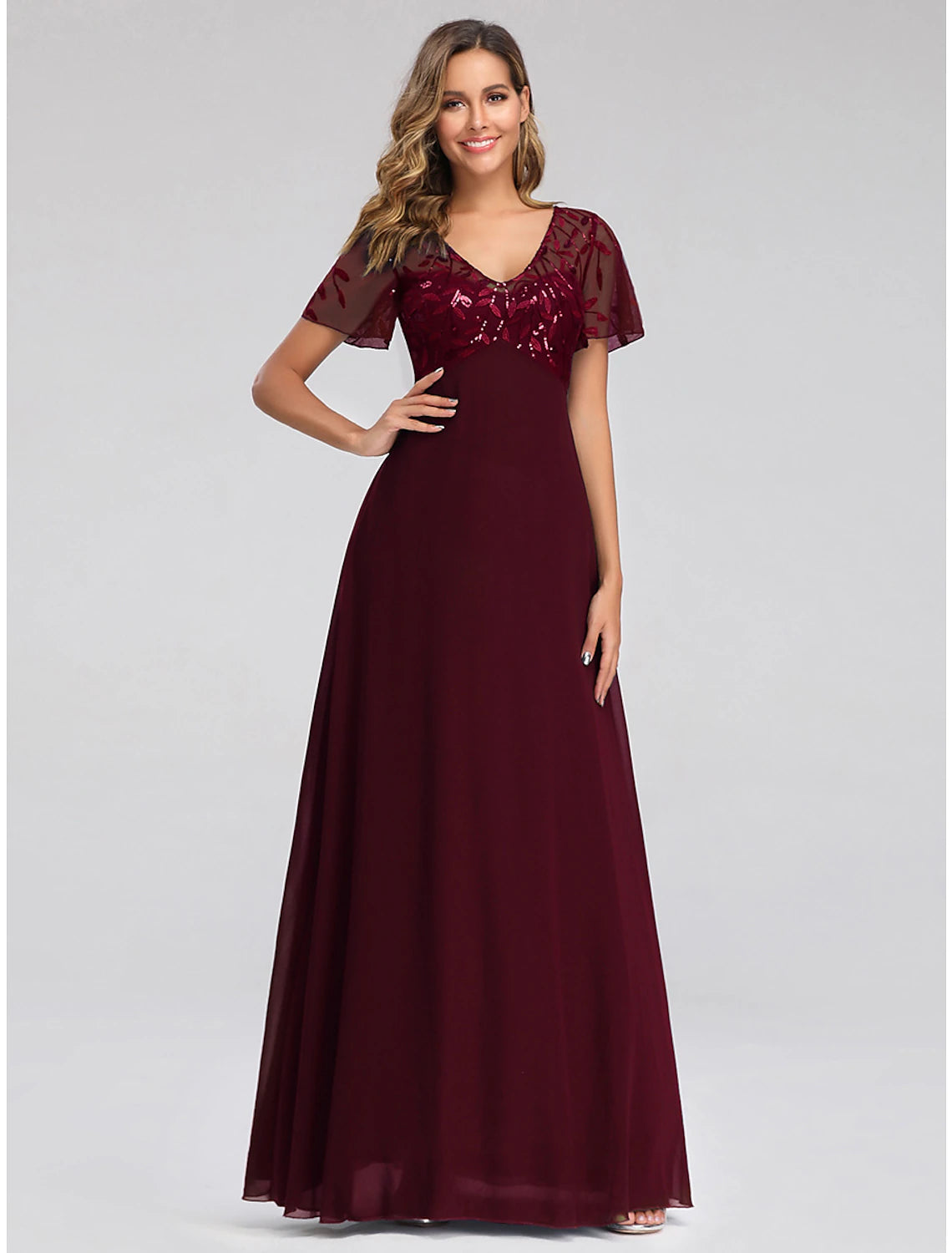 A-Line Wedding Guest Dresses Elegant Dress Fall Floor Length Short Sleeve V Neck Bridesmaid Dress Tulle with Sequin Appliques