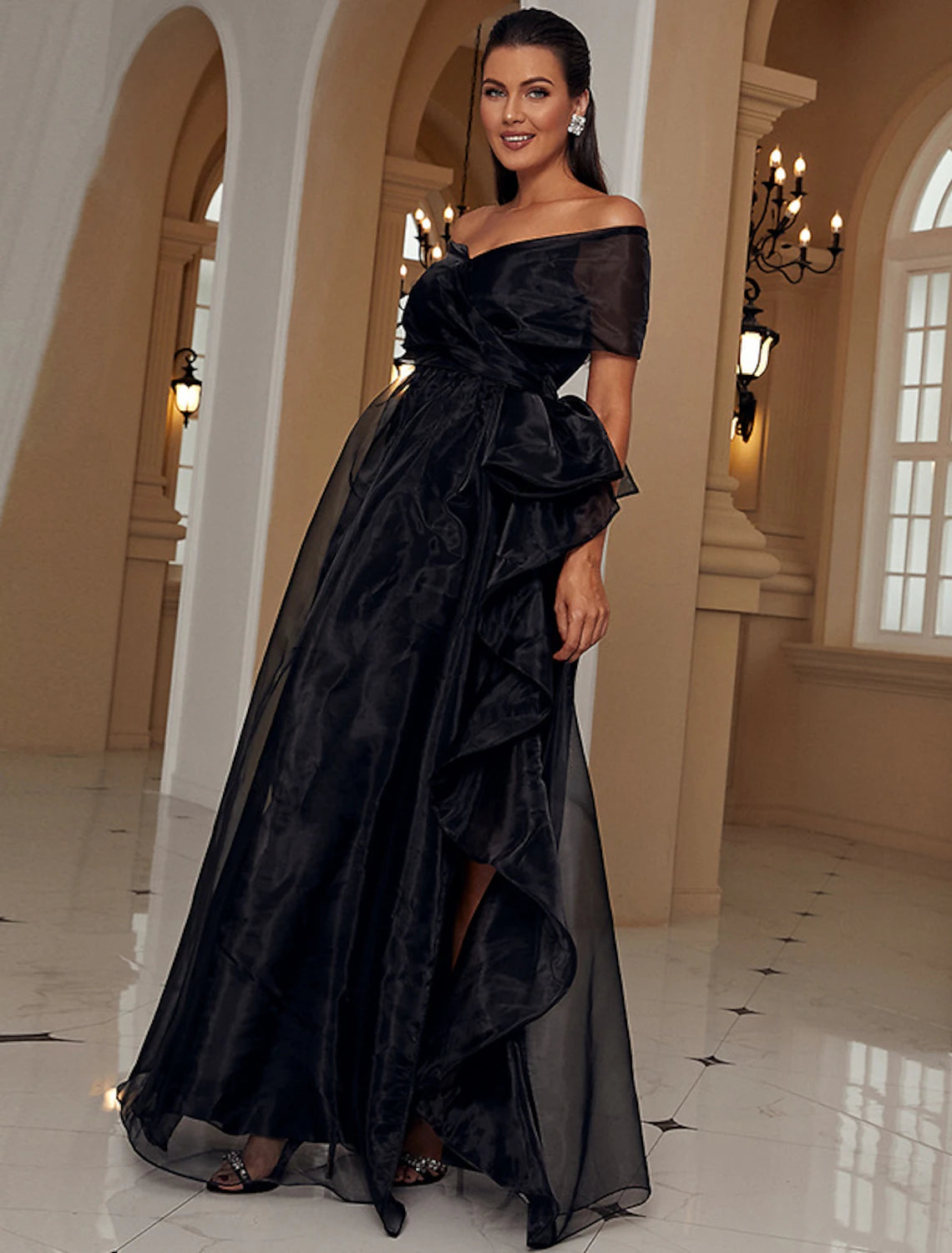 A-Line Evening Gown Sexy Dress Formal Wedding Guest Floor Length Short Sleeve Off Shoulder Wednesday Addams Family Polyester with Ruffles Slit