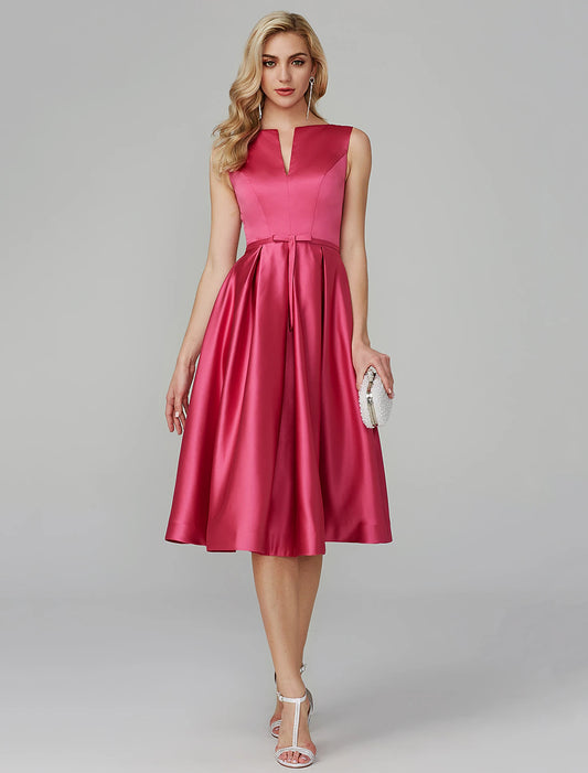 A-Line Party Dress Wedding Guest Knee Length Sleeveless V Wire Pink Dress Satin with Sash / Ribbon