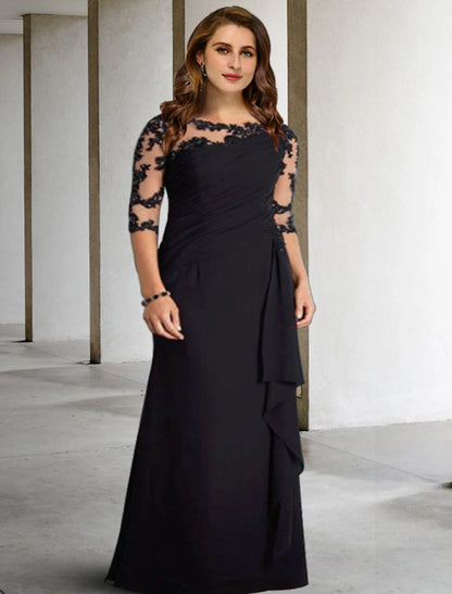 A-Line Plus Size Curve Mother of the Bride Dresses Elegant Fall Wedding Guest Dress Formal Floor Length Half Sleeve Jewel Neck Chiffon with Pleats Ruched Appliques 2023