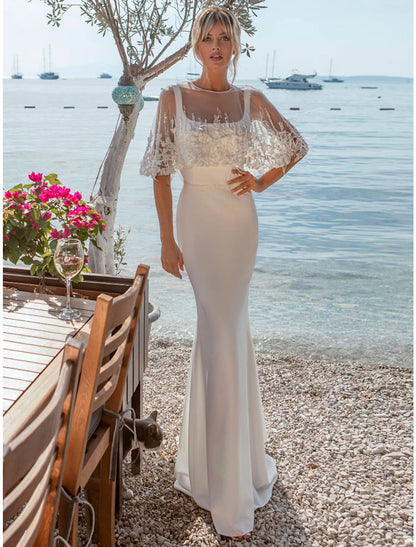 Beach Open Back Casual Wedding Dresses Mermaid / Trumpet Square Neck Sleeveless Sweep / Brush Train Satin Bridal Gowns With Buttons Beading 2023 Summer Wedding Party