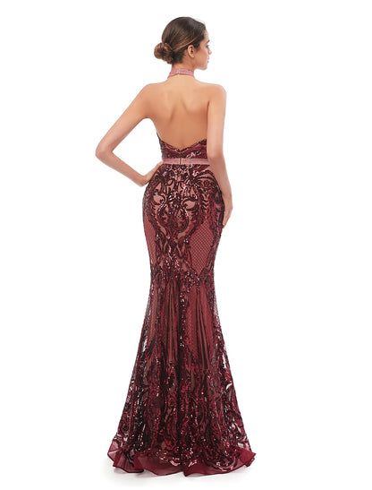 Mermaid / Trumpet Evening Gown Beautiful Back Dress Prom Floor Length Sleeveless Halter Sequined with Sequin