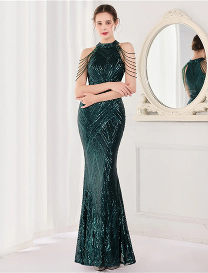 Mermaid / Trumpet Prom Dresses Sparkle & Shine Dress Formal Floor Length Sleeveless Halter Sequined with Sequin