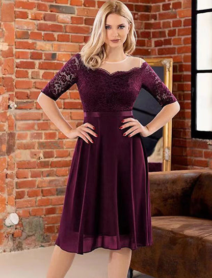 A-Line Cocktail Dresses Vintage Dress Party Wear Knee Length Half Sleeve Jewel Neck Fall Wedding Guest Lace with Pleats