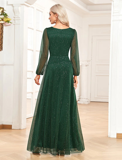 A-Line Evening Gown Sparkle & Shine Dress Formal Wedding Party Floor Length Long Sleeve V Neck Chiffon with Sequin