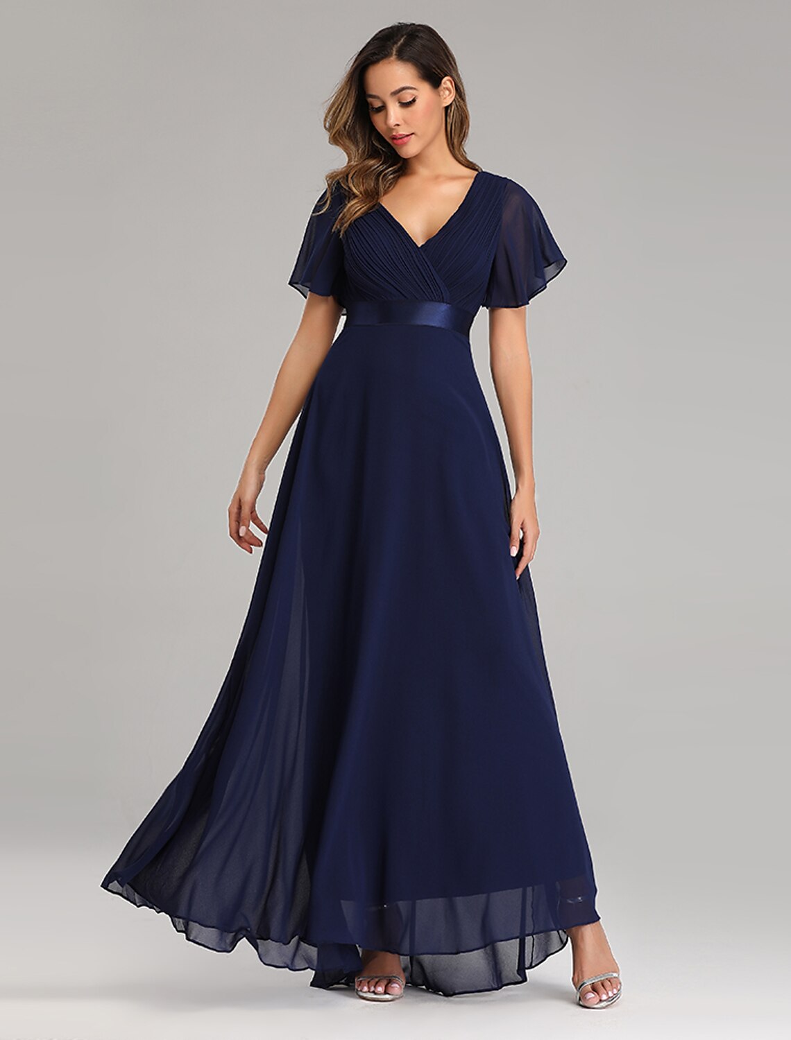 A-Line Prom Dresses Empire Dress Wedding Guest Floor Length Short Sleeve V Neck Chiffon with Pleats