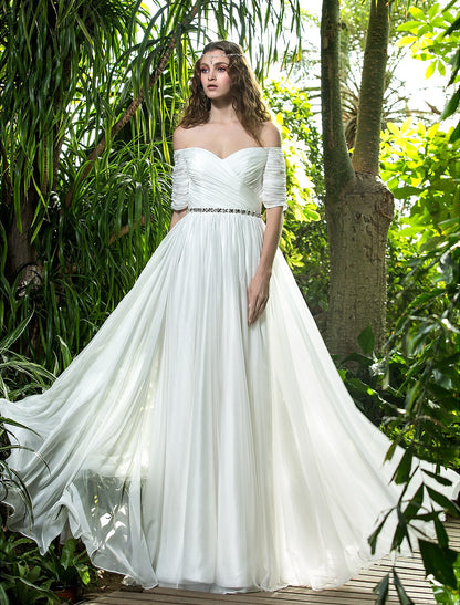 Boho Wedding Dresses A-Line Off Shoulder Half Sleeve Floor Length Chiffon Bridal Gowns With Crystal Ruched