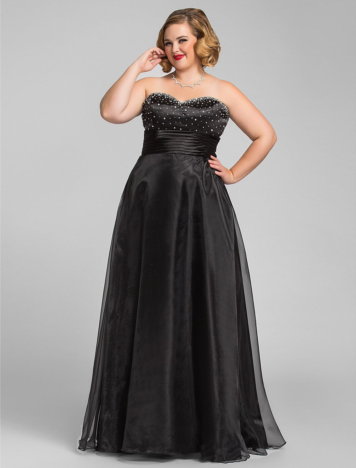 A-Line Little Black Dress Dress Prom Formal Evening Floor Length Sleeveless Sweetheart Organza with Ruched Beading