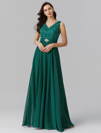 A-Line Elegant Dress Wedding Guest Formal Evening Floor Length Sleeveless V Neck Chiffon V Back with Sash / Ribbon Beading