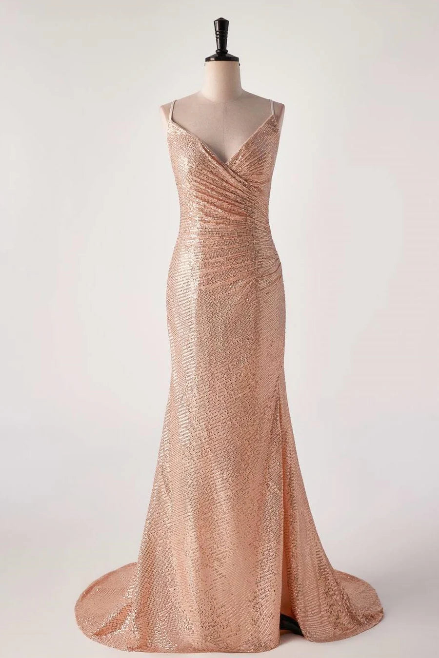 Champagne Sequin Pleated Mermaid Long Prom Dress