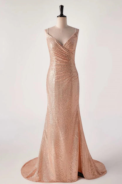 Champagne Sequin Pleated Mermaid Long Prom Dress