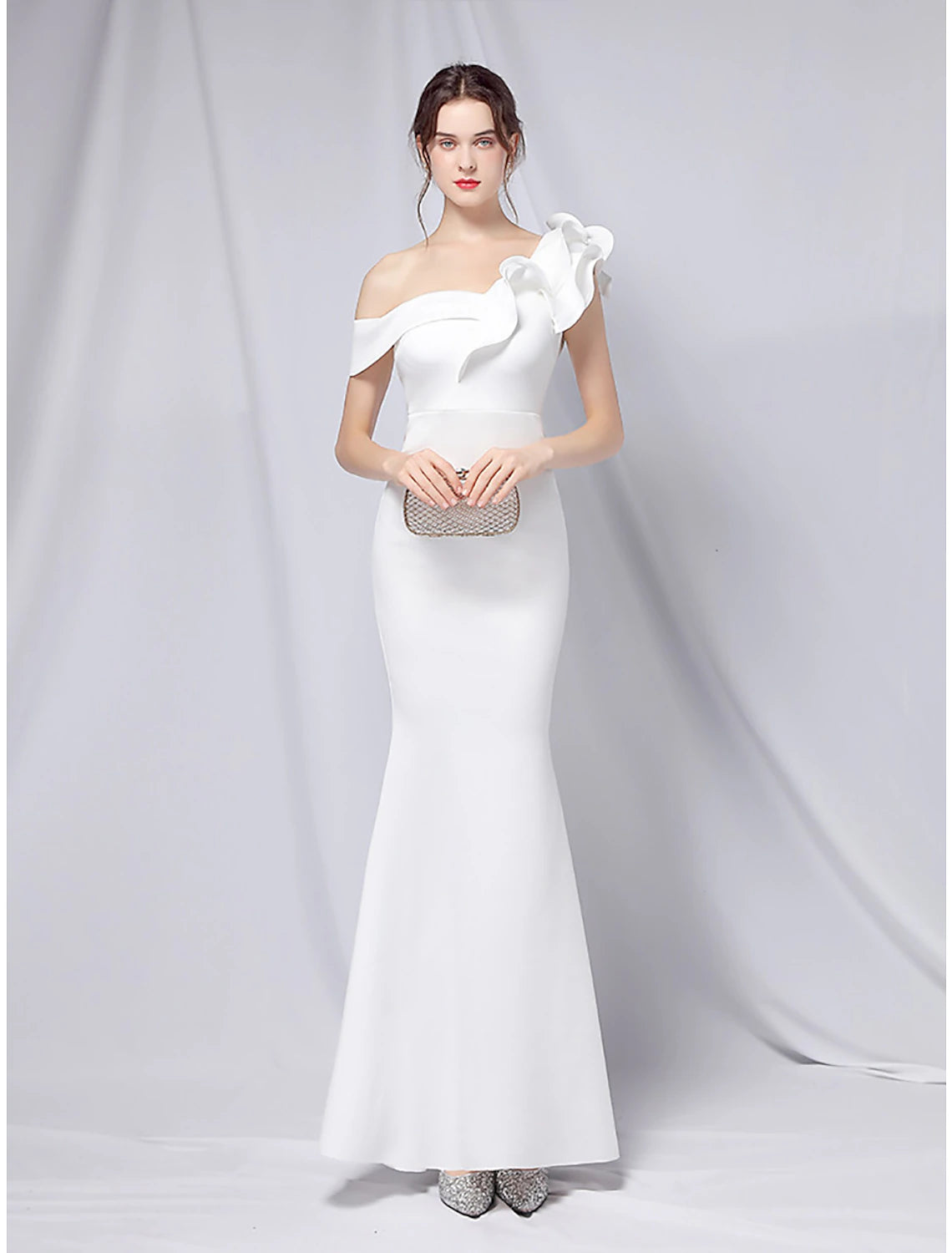 Mermaid / Trumpet Evening Gown Empire Dress Wedding Guest Floor Length Short Sleeve One Shoulder Stretch Satin with Ruffles