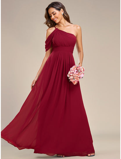 A-Line Wedding Guest Dresses Elegant Dress Formal Floor Length Sleeveless One Shoulder Chiffon with Ruched Slit