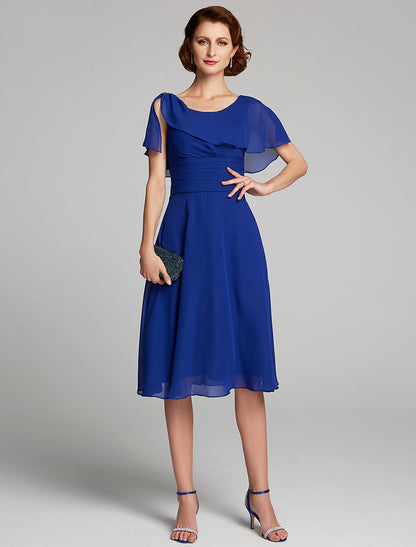 A-Line Mother of the Bride Dress Cowl Neck Knee Length Chiffon Short Sleeve with Ruffles