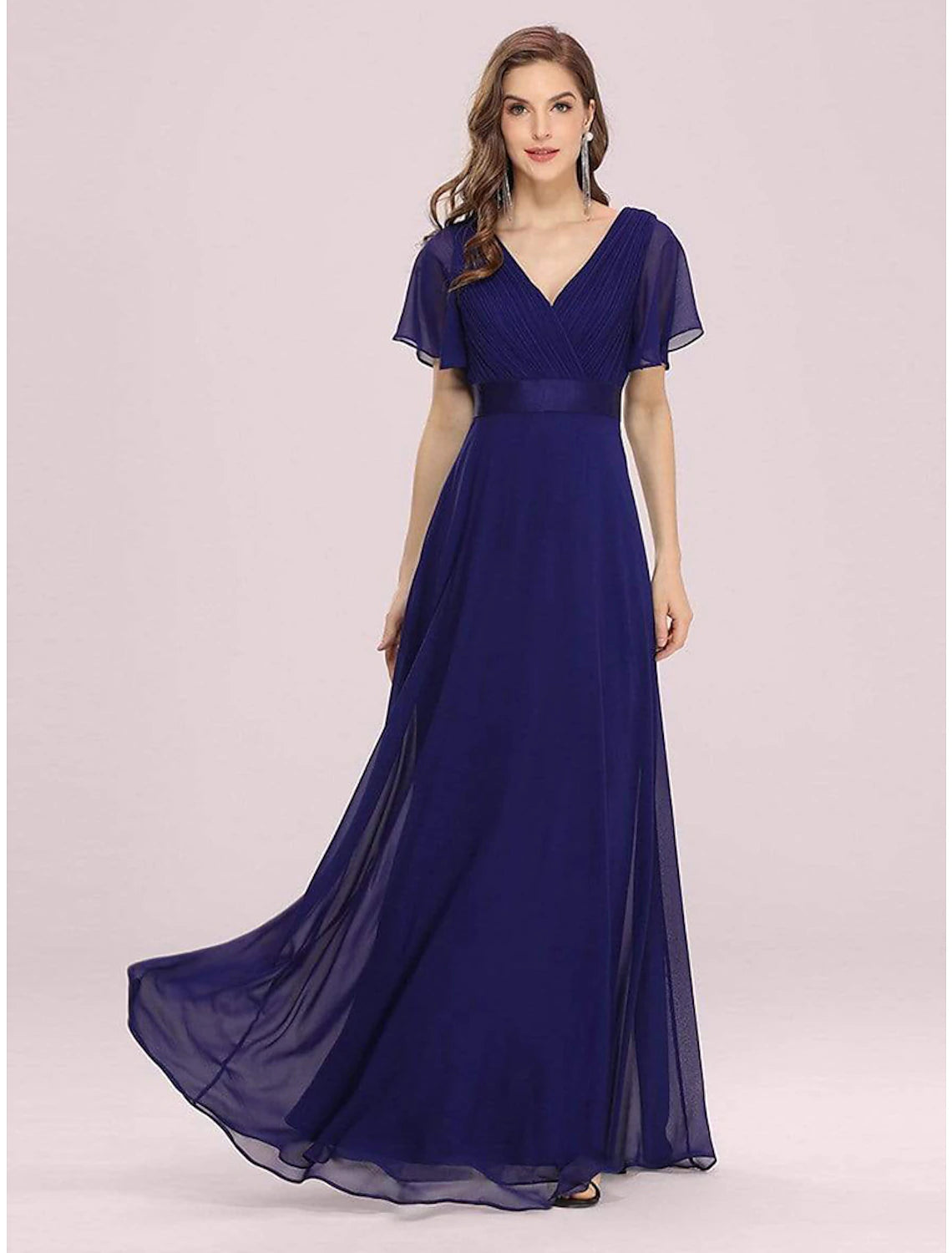 A-Line Evening Gown Empire Dress Wedding Guest Floor Length Short Sleeve V Neck Chiffon V Back with Ruffles Pure Color