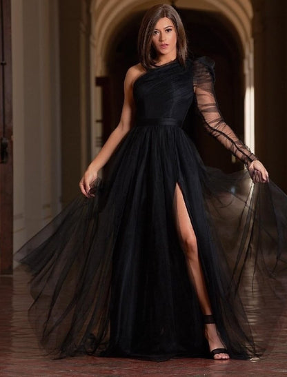 A-Line Prom Dresses Plus Size Dress Wedding Guest Formal Evening Sweep / Brush Train Long Sleeve One Shoulder Wednesday Addams Family Tulle with Slit Pure Color