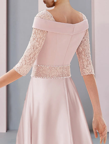 A-Line Mother of the Bride Dress Formal Wedding Guest Elegant Square Neck Tea Length Satin Lace Half Sleeve with Pearls