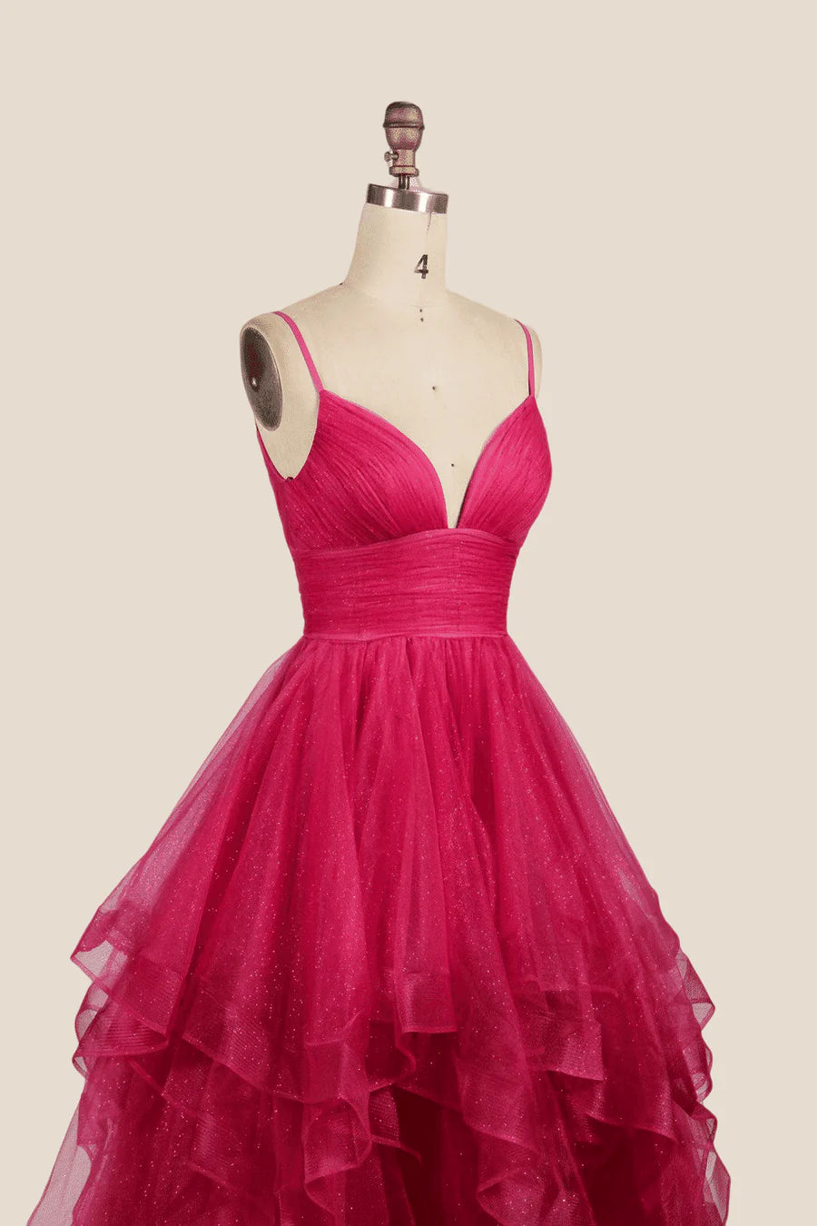 V-neck Hot Pink Irregular Hem A-line Long Prom Dress