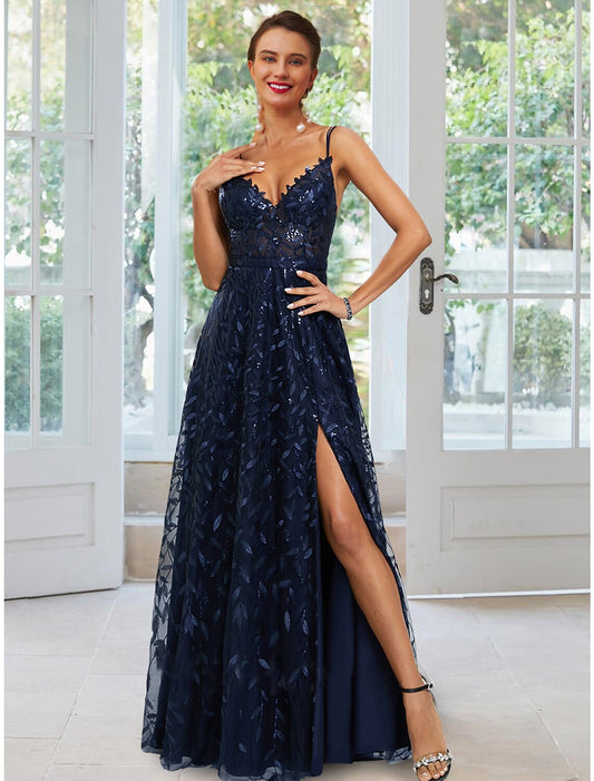 A-Line Evening Gown Floral Dress Formal Floor Length Sleeveless Spaghetti Strap Satin with Slit Applique