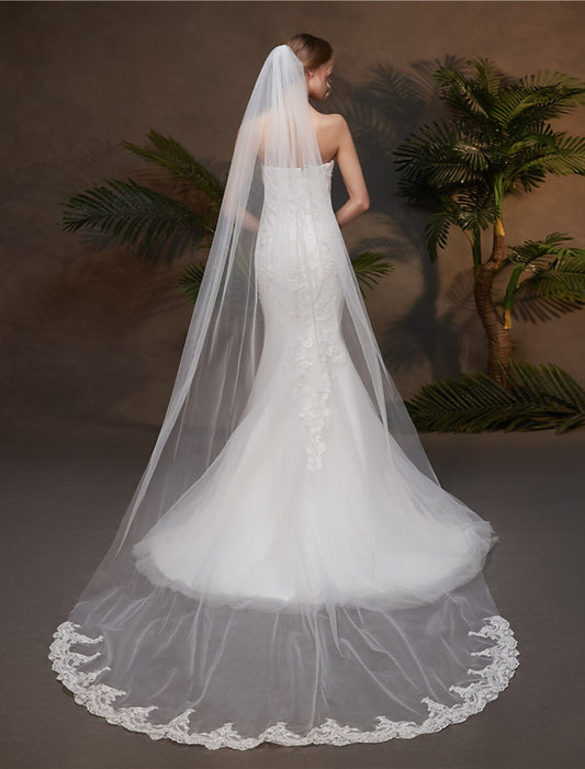 One-tier Lace Applique Edge Wedding Veil Chapel Veils with Appliques Tulle