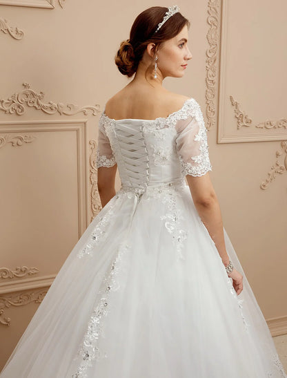 A-Line Bateau Neck Cathedral Train Lace / Tulle Made-To-Measure Wedding Dresses with Lace