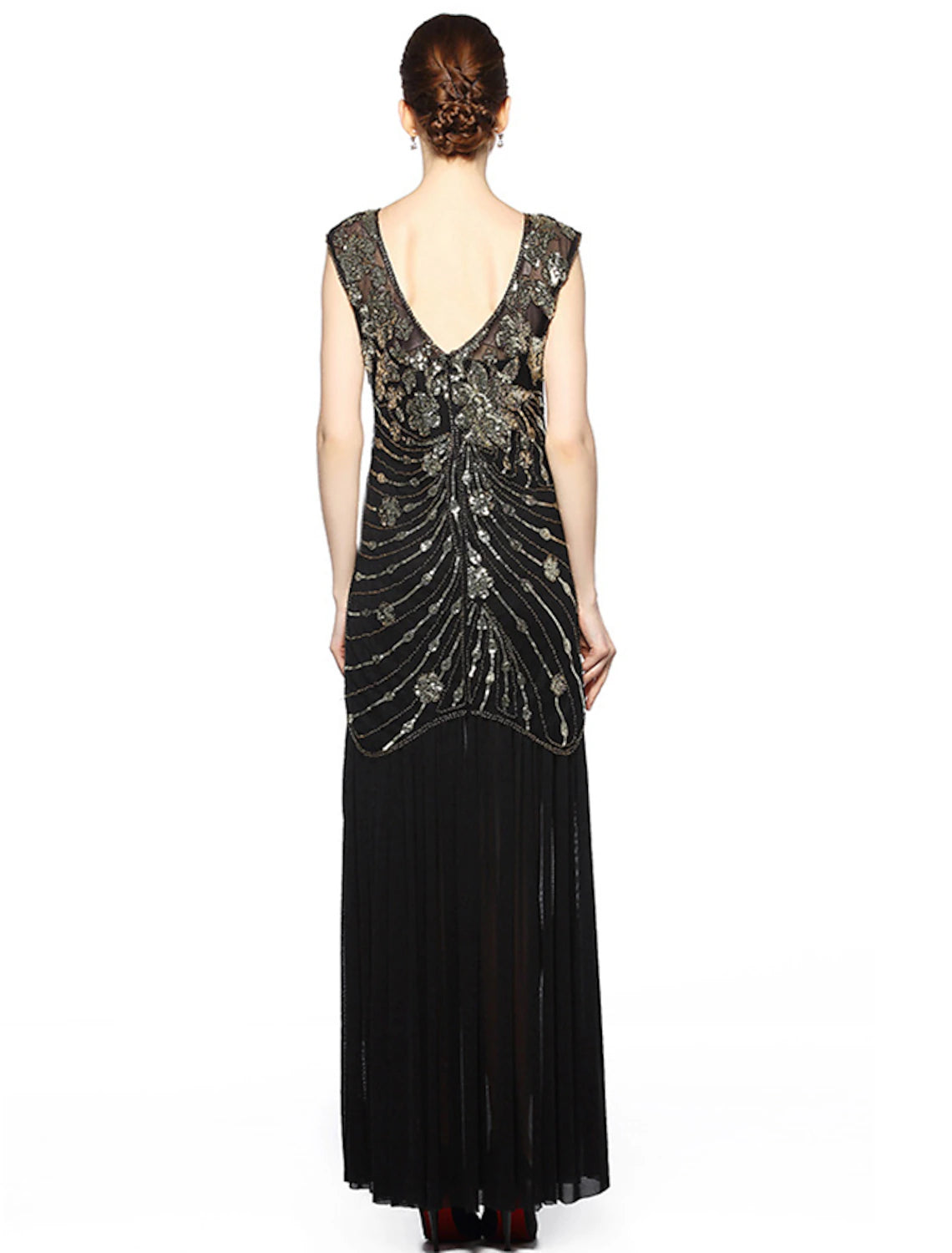 A-Line Evening Gown Vintage Dress Holiday Floor Length Sleeveless Jewel Neck Spandex V Back with Sequin Embroidery