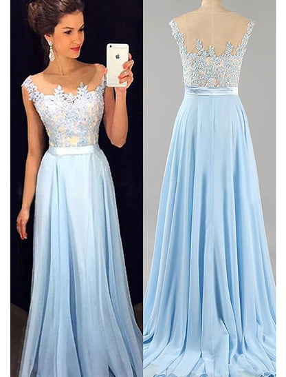 A-Line Prom Dresses Color Block Dress Formal Floor Length Sleeveless Jewel Neck Chiffon with Beading Appliques