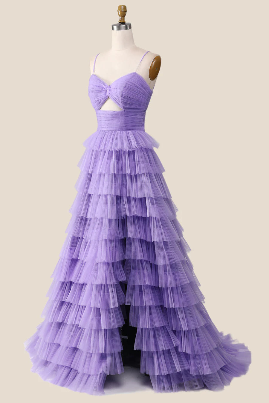 Knotted Purple Tulle Tiered Long Prom Dress