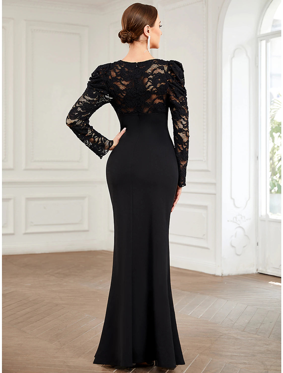 A-Line Evening Gown Vintage Dress Formal Prom Floor Length Long Sleeve V Neck Lace with Pure Color