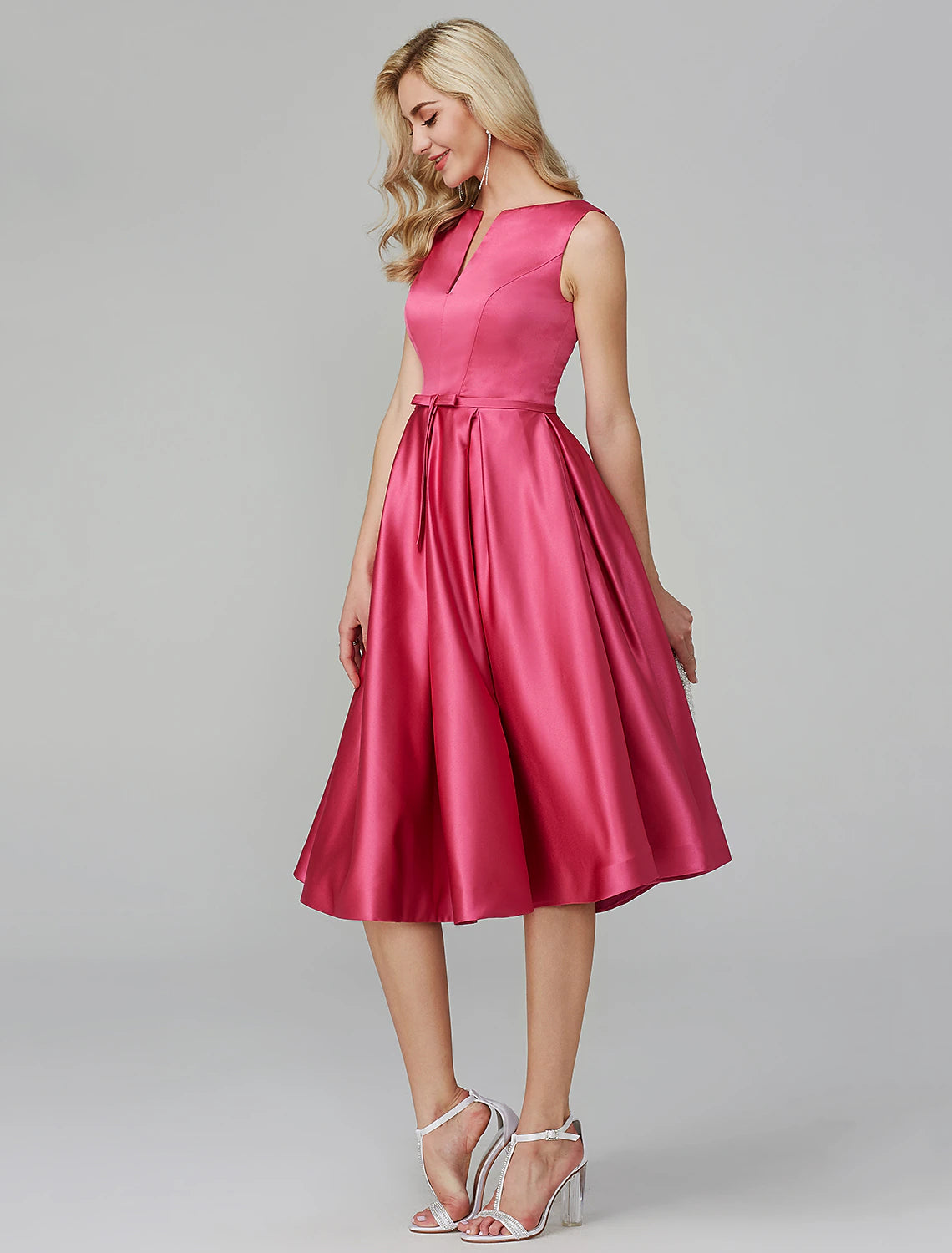 A-Line Party Dress Wedding Guest Knee Length Sleeveless V Wire Pink Dress Satin with Sash / Ribbon