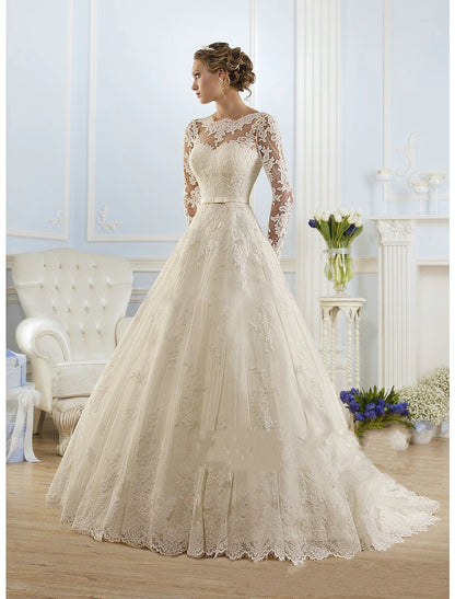 Engagement Formal Fall Wedding Dresses Ball Gown Illusion Neck Long Sleeve Court Train Lace Church Bridal Gowns With Appliques 2023 Summer Wedding Party