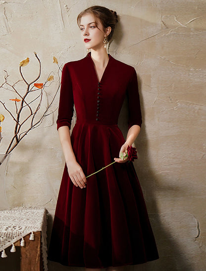 A-Line Minimalist Vintage Party Wear Cocktail Party Dress V Neck Half Sleeve Tea Length Velvet with Sleek