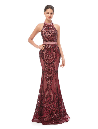 Mermaid / Trumpet Evening Gown Beautiful Back Dress Prom Floor Length Sleeveless Halter Sequined with Sequin