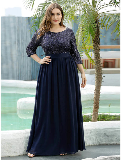 A-Line Mother of the Bride Dress Plus Size Elegant Jewel Neck Floor Length Tulle Sequined 3/4 Length Sleeve with Sequin