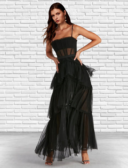 A-Line Prom Dresses Corsets Dress Party Wear Ankle Length Sleeveless Strapless Tulle Ladder Back with Ruffles Pure Color