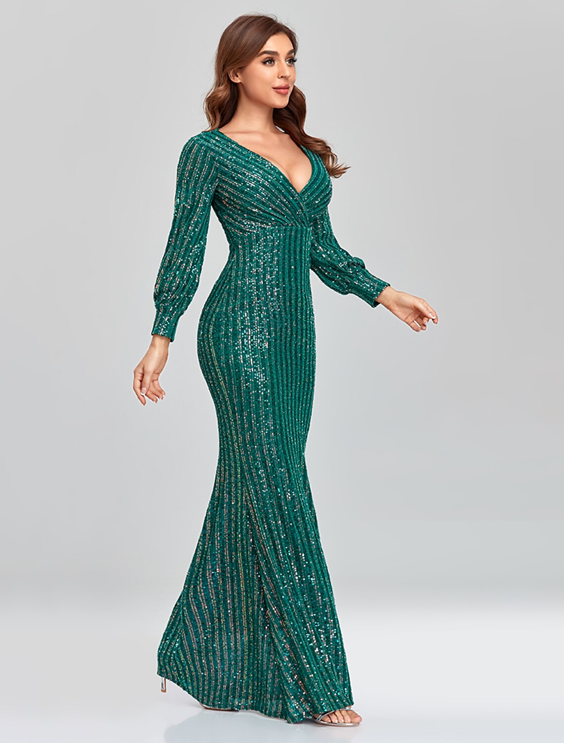 Mermaid / Trumpet Evening Gown Sparkle Dress Party Wear Floor Length Long Sleeve V Neck Sequined with Sequin