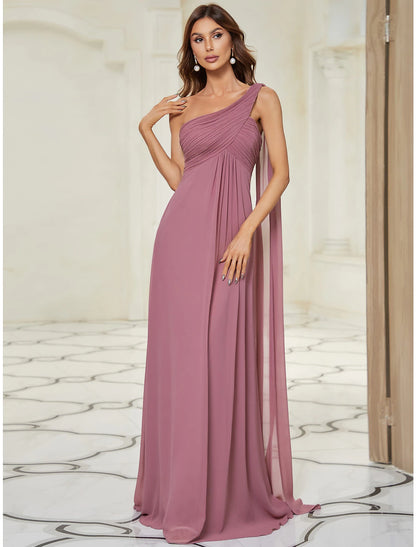 A-Line Evening Gown Empire Dress Formal Evening Floor Length Sleeveless One Shoulder Bridesmaid Dress Chiffon Backless with Pleats Draping