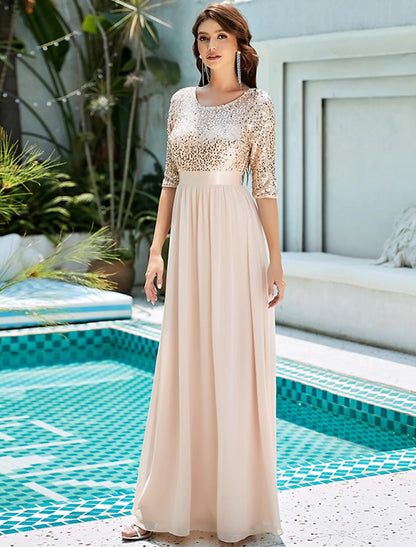 A-Line Mother of the Bride Dress Plus Size Elegant Jewel Neck Floor Length Tulle Sequined 3/4 Length Sleeve with Sequin